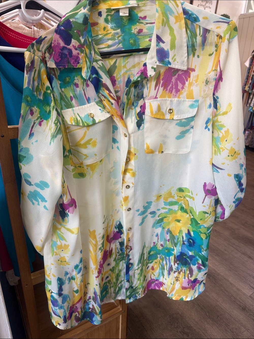 Dress Barn White Floral Watercolor Button-Down Shirt - Yellow Blue Green Purple